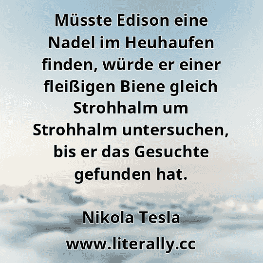 Müsste Edison eine Nadel im Heuhaufen finden, würde er einer fleißigen Biene gleich Strohhalm um Strohhalm untersuchen, bis er das Gesuchte gefunden hat.
Nikola Tesla
