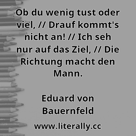 Ob du wenig tust oder viel, // Drauf kommt's nicht an! // Ich seh nur auf das Ziel, // Die Richtung macht den Mann.
Eduard von Bauernfeld
