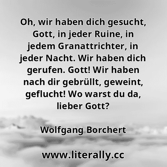Oh, wir haben dich gesucht, Gott, in jeder Ruine, in jedem Granattrichter, in jeder Nacht. Wir haben dich gerufen. Gott! Wir haben nach dir gebrüllt, geweint, geflucht! Wo warst du da, lieber Gott?
Wolfgang Borchert
