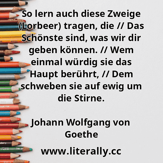 So lern auch diese Zweige (Lorbeer) tragen, die // Das Schönste sind, was wir dir geben können. // Wem einmal würdig sie das Haupt berührt, // Dem schweben sie auf ewig um die Stirne.
Johann Wolfgang von Goethe
