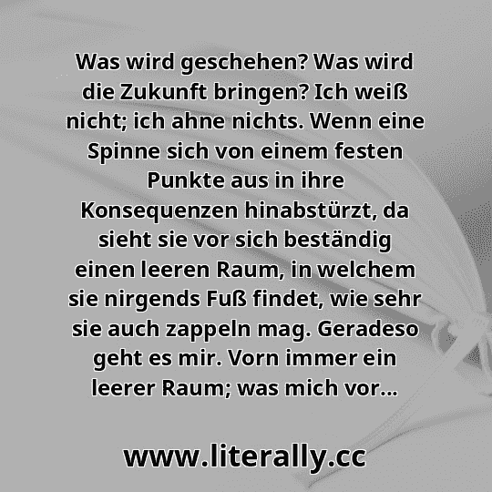 Was wird geschehen? Was wird die Zukunft bringen? Ich weiß nicht; ich ahne nichts. Wenn eine Spinne sich von einem festen Punkte aus in ihre Konsequenzen hinabstürzt, da sieht sie vor sich beständig einen leeren Raum, in welchem sie nirgends Fuß findet, wie sehr sie auch zappeln mag. Geradeso geht es mir. Vorn immer ein leerer Raum; was mich vor...