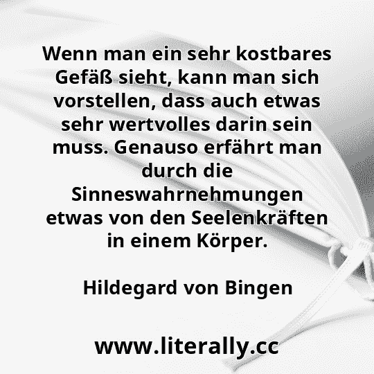 Wenn man ein sehr kostbares Gefäß sieht, kann man sich vorstellen, dass auch etwas sehr wertvolles darin sein muss. Genauso erfährt man durch die Sinneswahrnehmungen etwas von den Seelenkräften in einem Körper.
Hildegard von Bingen
