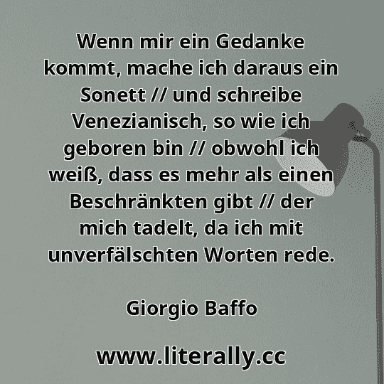 Wenn mir ein Gedanke kommt, mache ich daraus ein Sonett // und schreibe Venezianisch, so wie ich geboren bin // obwohl ich weiß, dass es mehr als einen Beschränkten gibt // der mich tadelt, da ich mit unverfälschten Worten rede.
Giorgio Baffo
