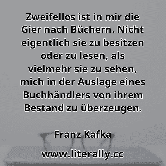 Zweifellos ist in mir die Gier nach Büchern. Nicht eigentlich sie zu besitzen oder zu lesen, als vielmehr sie zu sehen, mich in der Auslage eines Buchhändlers von ihrem Bestand zu überzeugen.
Franz Kafka
