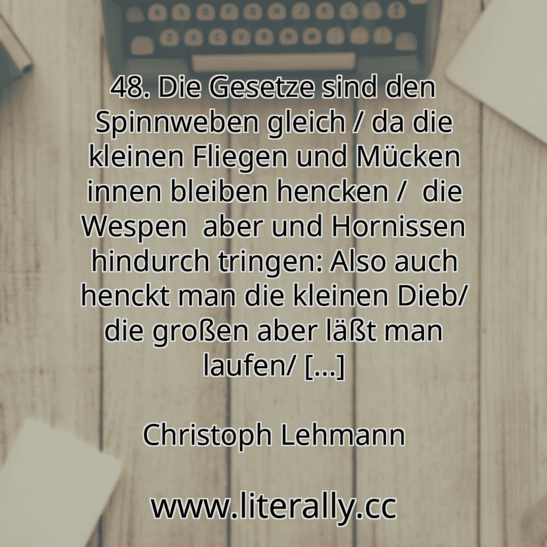 48. Die Gesetze sind den Spinnweben gleich / da die kleinen Fliegen und Mücken innen bleiben hencken /  die Wespen  aber und Hornissen hindurch tringen: Also auch henckt man die kleinen Dieb/ die großen aber läßt man laufen/ [...]
Christoph Lehmann
