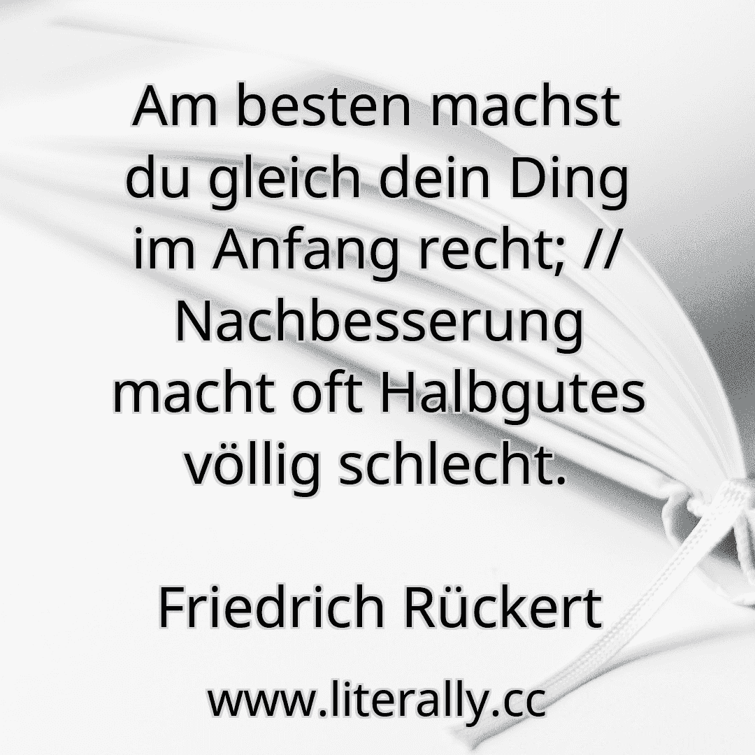 Am besten machst du gleich dein Ding im Anfang recht; // Nachbesserung macht oft Halbgutes völlig schlecht.
Friedrich Rückert

