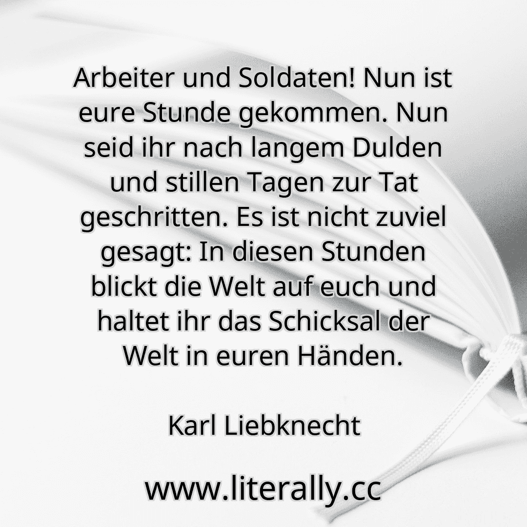 Arbeiter und Soldaten! Nun ist eure Stunde gekommen. Nun seid ihr nach langem Dulden und stillen Tagen zur Tat geschritten. Es ist nicht zuviel gesagt: In diesen Stunden blickt die Welt auf euch und haltet ihr das Schicksal der Welt in euren Händen.
Karl Liebknecht
