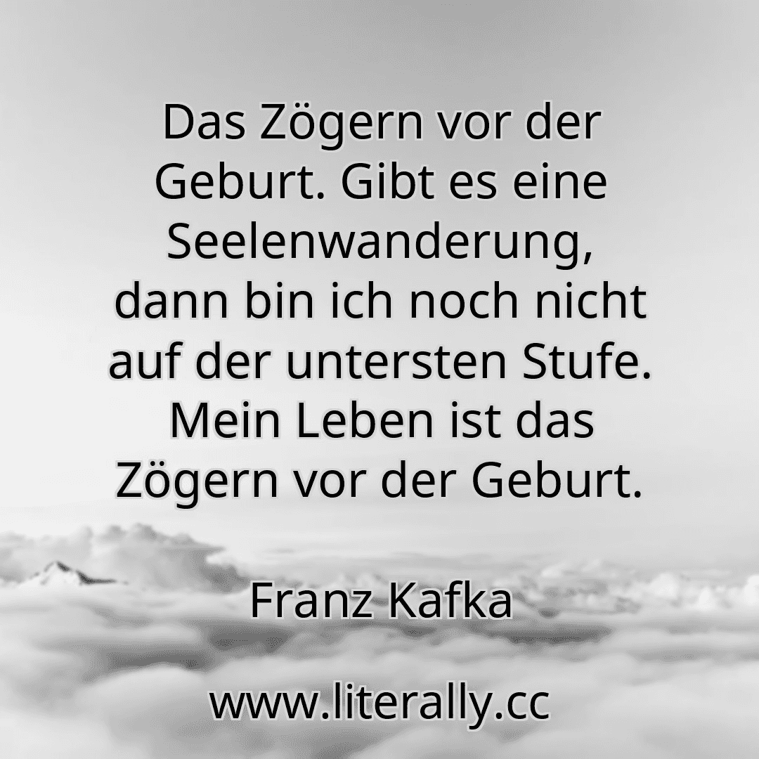 Das Zögern vor der Geburt. Gibt es eine Seelenwanderung, dann bin ich noch nicht auf der untersten Stufe. Mein Leben ist das Zögern vor der Geburt.
Franz Kafka
