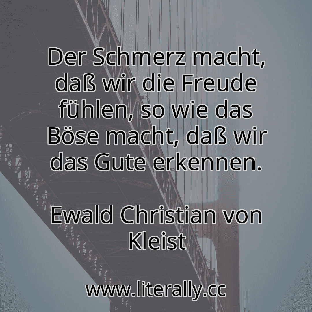 Der Schmerz macht, daß wir die Freude fühlen, so wie das Böse macht, daß wir das Gute erkennen.
Ewald Christian von Kleist
