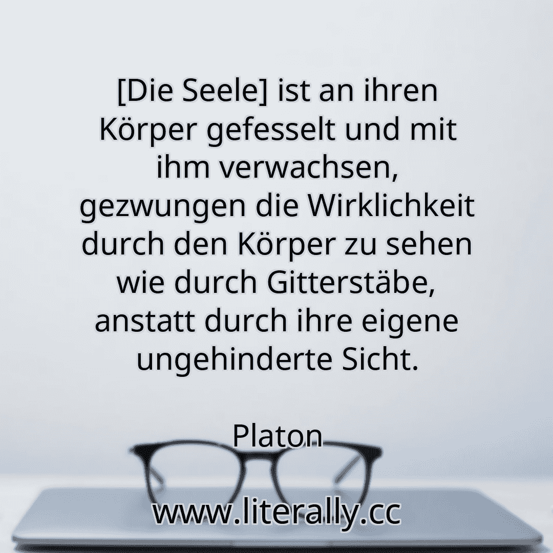 [Die Seele] ist an ihren Körper gefesselt und mit ihm verwachsen, gezwungen die Wirklichkeit durch den Körper zu sehen wie durch Gitterstäbe, anstatt durch ihre eigene ungehinderte Sicht.
Platon

