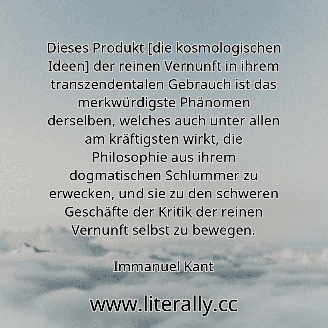 Dieses Produkt [die kosmologischen Ideen] der reinen Vernunft in ihrem transzendentalen Gebrauch ist das merkwürdigste Phänomen derselben, welches auch unter allen am kräftigsten wirkt, die Philosophie aus ihrem dogmatischen Schlummer zu erwecken, und sie zu den schweren Geschäfte der Kritik der reinen Vernunft selbst zu bewegen.
Immanuel Kant
