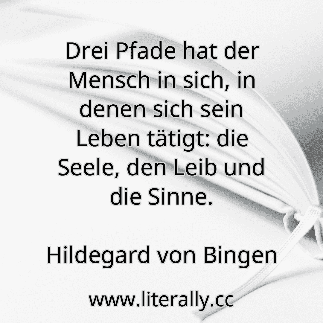 Drei Pfade hat der Mensch in sich, in denen sich sein Leben tätigt: die Seele, den Leib und die Sinne.
Hildegard von Bingen
