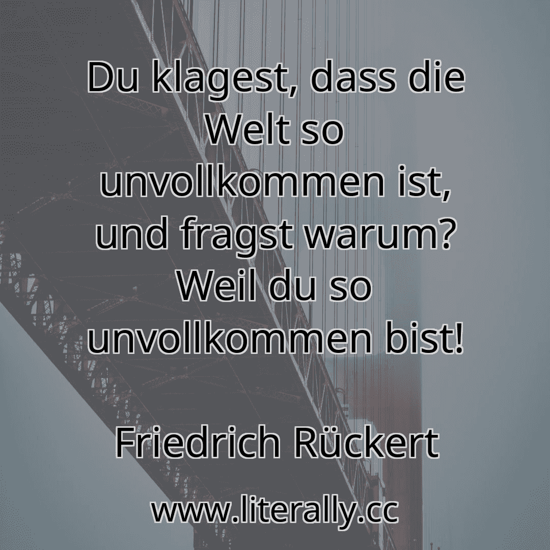 Du klagest, dass die Welt so unvollkommen ist, und fragst warum? Weil du so unvollkommen bist!
Friedrich Rückert
