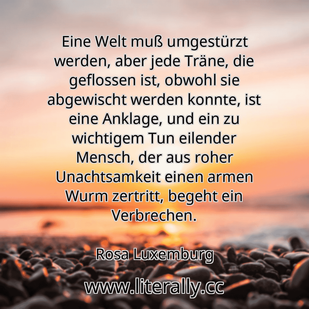 Eine Welt muß umgestürzt werden, aber jede Träne, die geflossen ist, obwohl sie abgewischt werden konnte, ist eine Anklage, und ein zu wichtigem Tun eilender Mensch, der aus roher Unachtsamkeit einen armen Wurm zertritt, begeht ein Verbrechen.
Rosa Luxemburg
