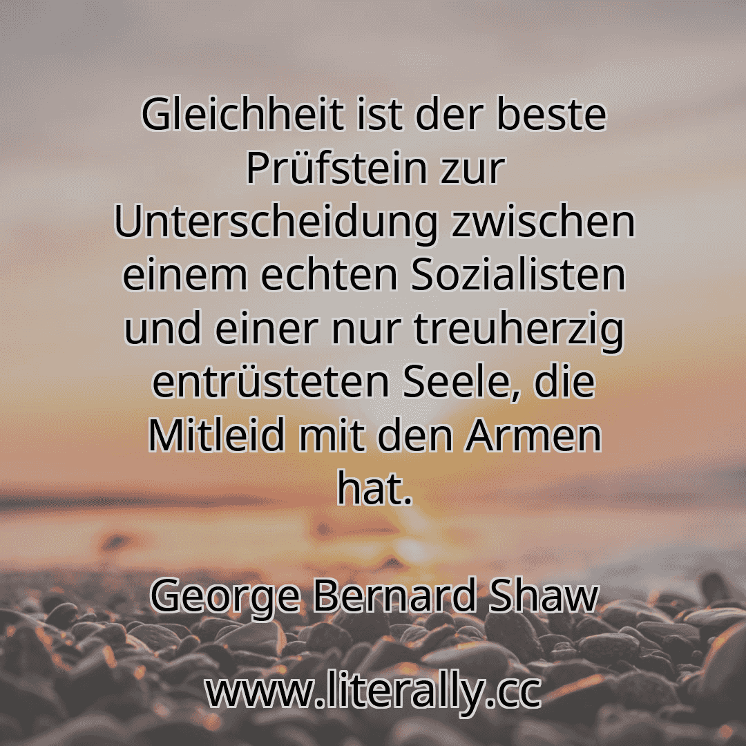 Gleichheit ist der beste Prüfstein zur Unterscheidung zwischen einem echten Sozialisten und einer nur treuherzig entrüsteten Seele, die Mitleid mit den Armen hat.
George Bernard Shaw
