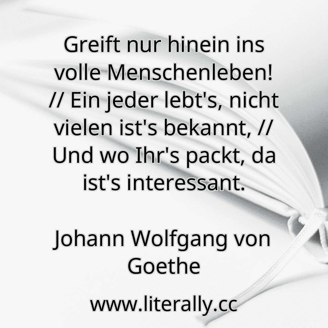 Greift nur hinein ins volle Menschenleben! // Ein jeder lebt's, nicht vielen ist's bekannt, // Und wo Ihr's packt, da ist's interessant.
Johann Wolfgang von Goethe
