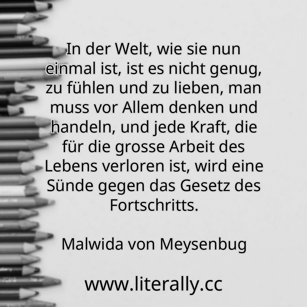 In der Welt, wie sie nun einmal ist, ist es nicht genug, zu fühlen und zu lieben, man muss vor Allem denken und handeln, und jede Kraft, die für die grosse Arbeit des Lebens verloren ist, wird eine Sünde gegen das Gesetz des Fortschritts.
Malwida von Meysenbug
