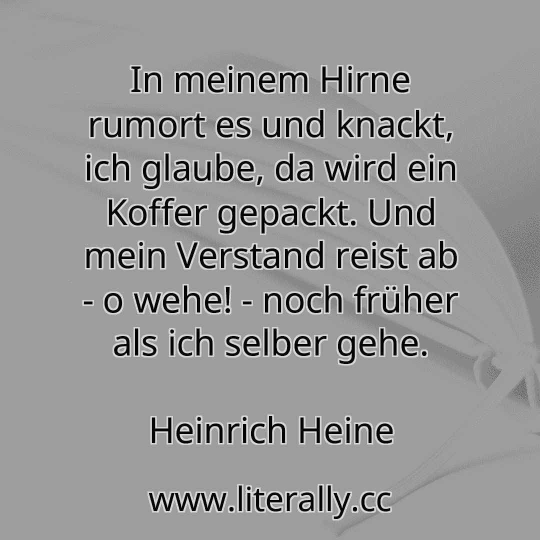 In meinem Hirne rumort es und knackt, ich glaube, da wird ein Koffer gepackt. Und mein Verstand reist ab - o wehe! - noch früher als ich selber gehe.
Heinrich Heine
