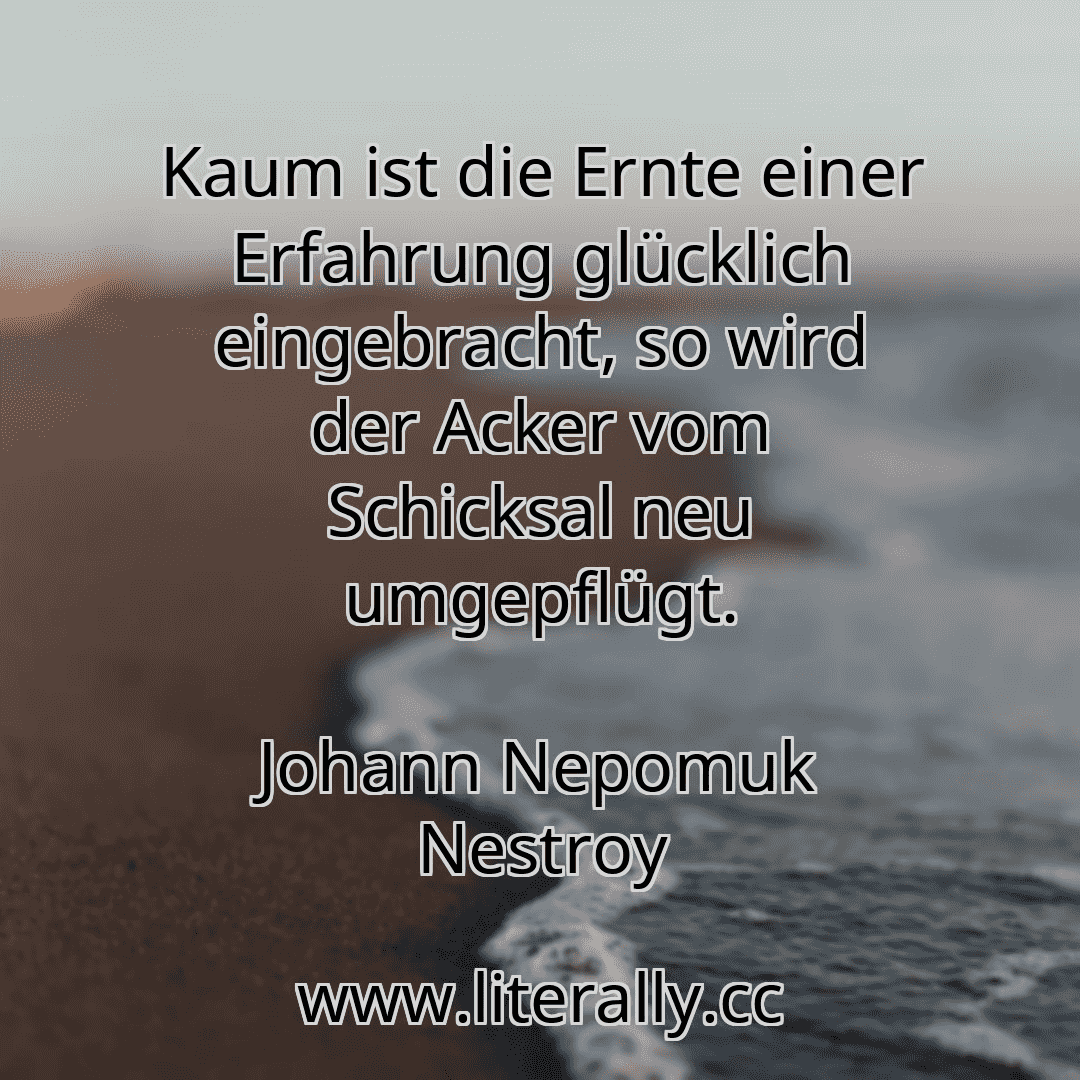 Kaum ist die Ernte einer Erfahrung glücklich eingebracht, so wird der Acker vom Schicksal neu umgepflügt.
Johann Nepomuk Nestroy
