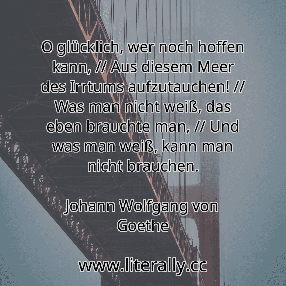 O glücklich, wer noch hoffen kann, // Aus diesem Meer des Irrtums aufzutauchen! // Was man nicht weiß, das eben brauchte man, // Und was man weiß, kann man nicht brauchen.
Johann Wolfgang von Goethe
