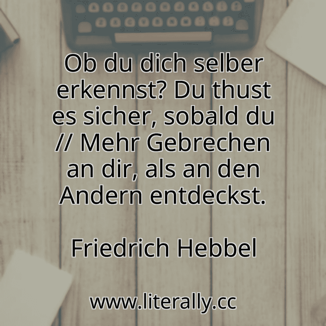 Ob du dich selber erkennst? Du thust es sicher, sobald du // Mehr Gebrechen an dir, als an den Andern entdeckst.
Friedrich Hebbel
