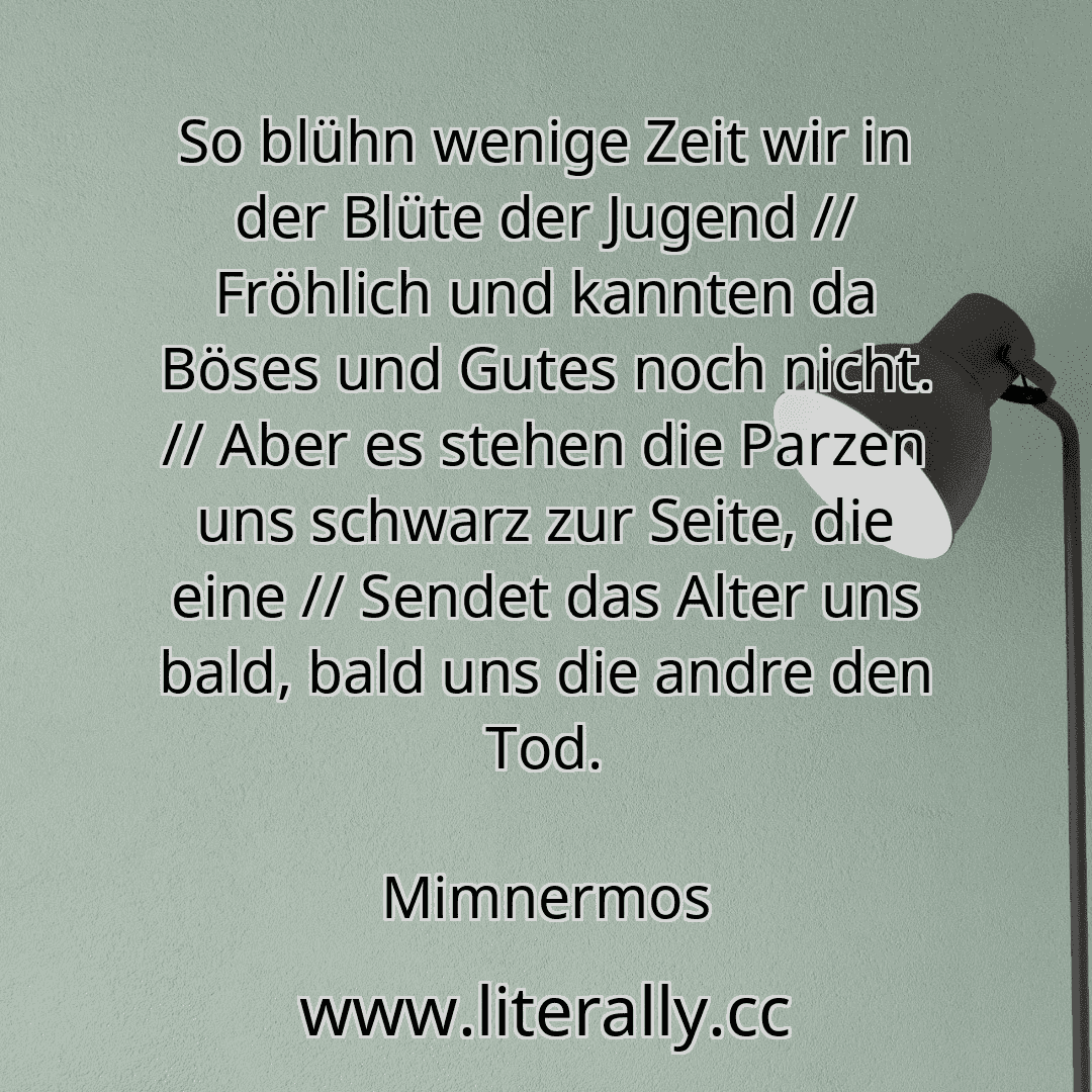 So blühn wenige Zeit wir in der Blüte der Jugend // Fröhlich und kannten da Böses und Gutes noch nicht. // Aber es stehen die Parzen uns schwarz zur Seite, die eine // Sendet das Alter uns bald, bald uns die andre den Tod.
Mimnermos
