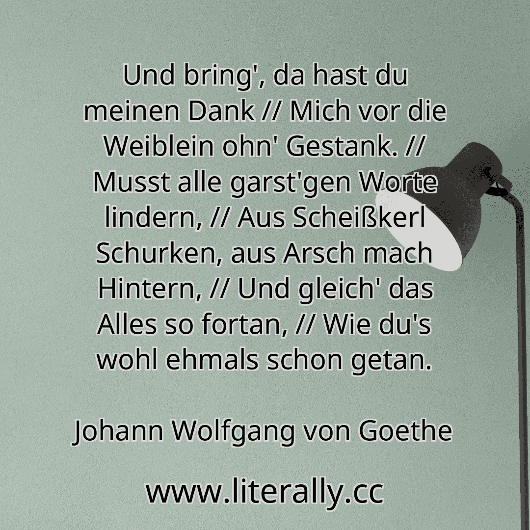 Und bring', da hast du meinen Dank // Mich vor die Weiblein ohn' Gestank. // Musst alle garst'gen Worte lindern, // Aus Scheißkerl Schurken, aus Arsch mach Hintern, // Und gleich' das Alles so fortan, // Wie du's wohl ehmals schon getan.
Johann Wolfgang von Goethe

