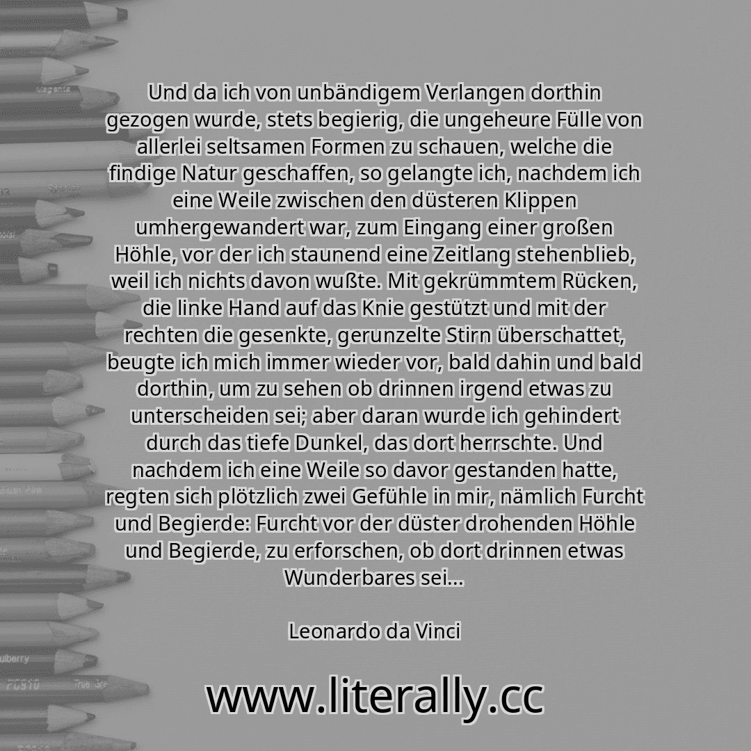 Und da ich von unbändigem Verlangen dorthin gezogen wurde, stets begierig, die ungeheure Fülle von allerlei seltsamen Formen zu schauen, welche die findige Natur geschaffen, so gelangte ich, nachdem ich eine Weile zwischen den düsteren Klippen umhergewandert war, zum Eingang einer großen Höhle, vor der ich staunend eine Zeitlang stehenblieb, weil ich nichts davon wußte. Mit gekrümmtem Rücken, die ...