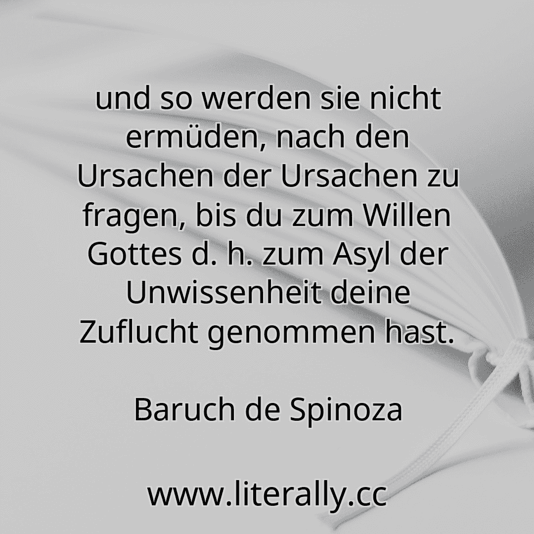 und so werden sie nicht ermüden, nach den Ursachen der Ursachen zu fragen, bis du zum Willen Gottes d. h. zum Asyl der Unwissenheit deine Zuflucht genommen hast.
Baruch de Spinoza
