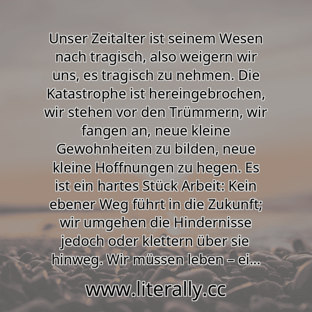 Unser Zeitalter ist seinem Wesen nach tragisch, also weigern wir uns, es tragisch zu nehmen. Die Katastrophe ist hereingebrochen, wir stehen vor den Trümmern, wir fangen an, neue kleine Gewohnheiten zu bilden, neue kleine Hoffnungen zu hegen. Es ist ein hartes Stück Arbeit: Kein ebener Weg führt in die Zukunft; wir umgehen die Hindernisse jedoch oder klettern über sie hinweg. Wir müssen leben – ei... Unser Zeitalter ist seinem Wesen nach tragisch, also weigern wir uns, es tragisch zu nehmen. Die Katastrophe ist hereingebrochen, wir stehen vor den Trümmern, wir fangen an, neue kleine Gewohnheiten zu bilden, neue kleine Hoffnungen zu hegen. Es ist ein hartes Stück Arbeit: Kein ebener Weg führt in die Zukunft; wir umgehen die Hindernisse jedoch oder klettern über sie hinweg. Wir müssen leben – ei...