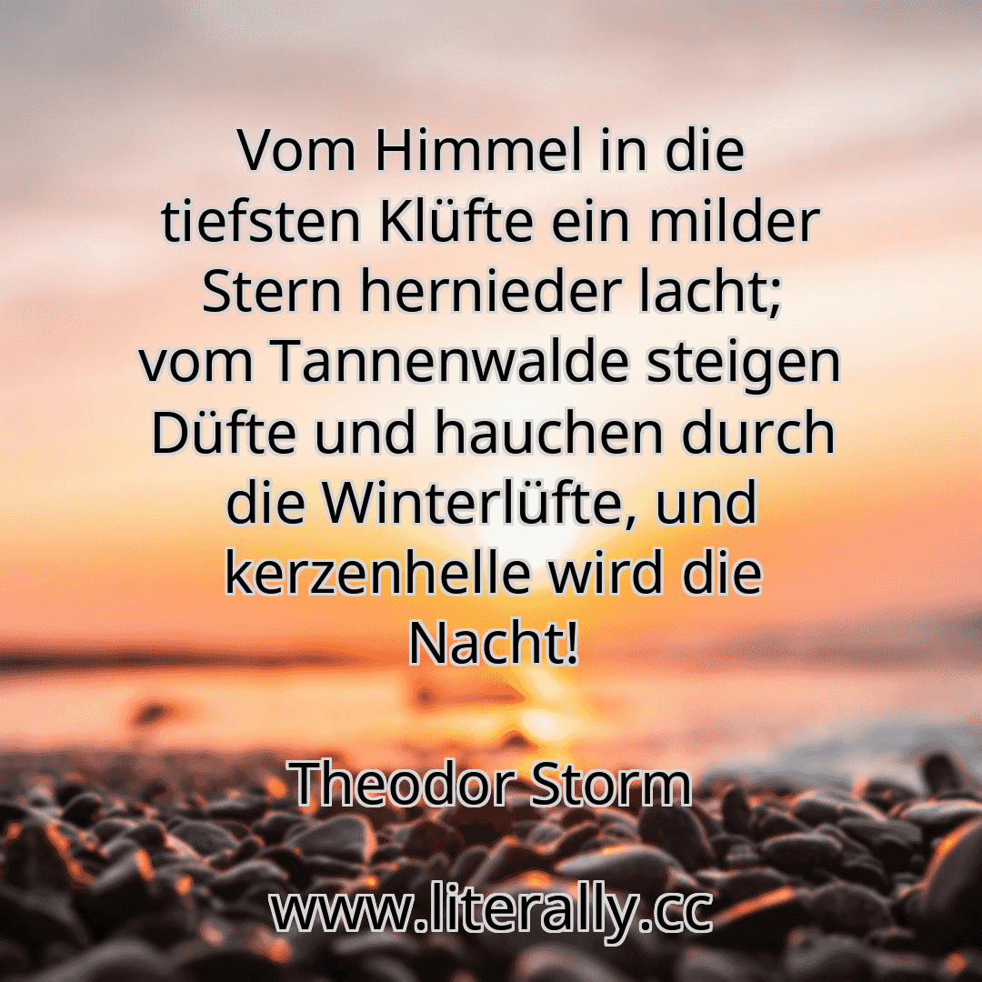 Vom Himmel in die tiefsten Klüfte ein milder Stern hernieder lacht; vom Tannenwalde steigen Düfte und hauchen durch die Winterlüfte, und kerzenhelle wird die Nacht!
Theodor Storm
