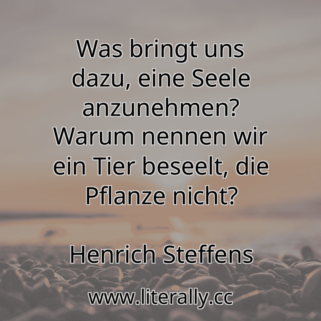 Was bringt uns dazu, eine Seele anzunehmen? Warum nennen wir ein Tier beseelt, die Pflanze nicht?
Henrich Steffens
