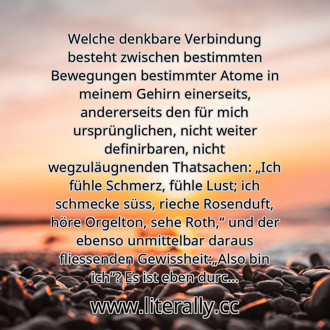 Welche denkbare Verbindung besteht zwischen bestimmten Bewegungen bestimmter Atome in meinem Gehirn einerseits, andererseits den für mich ursprünglichen, nicht weiter definirbaren, nicht wegzuläugnenden Thatsachen: „Ich fühle Schmerz, fühle Lust; ich schmecke süss, rieche Rosenduft, höre Orgelton, sehe Roth,“ und der ebenso unmittelbar daraus fliessenden Gewissheit:„Also bin ich“? Es ist eben durc...