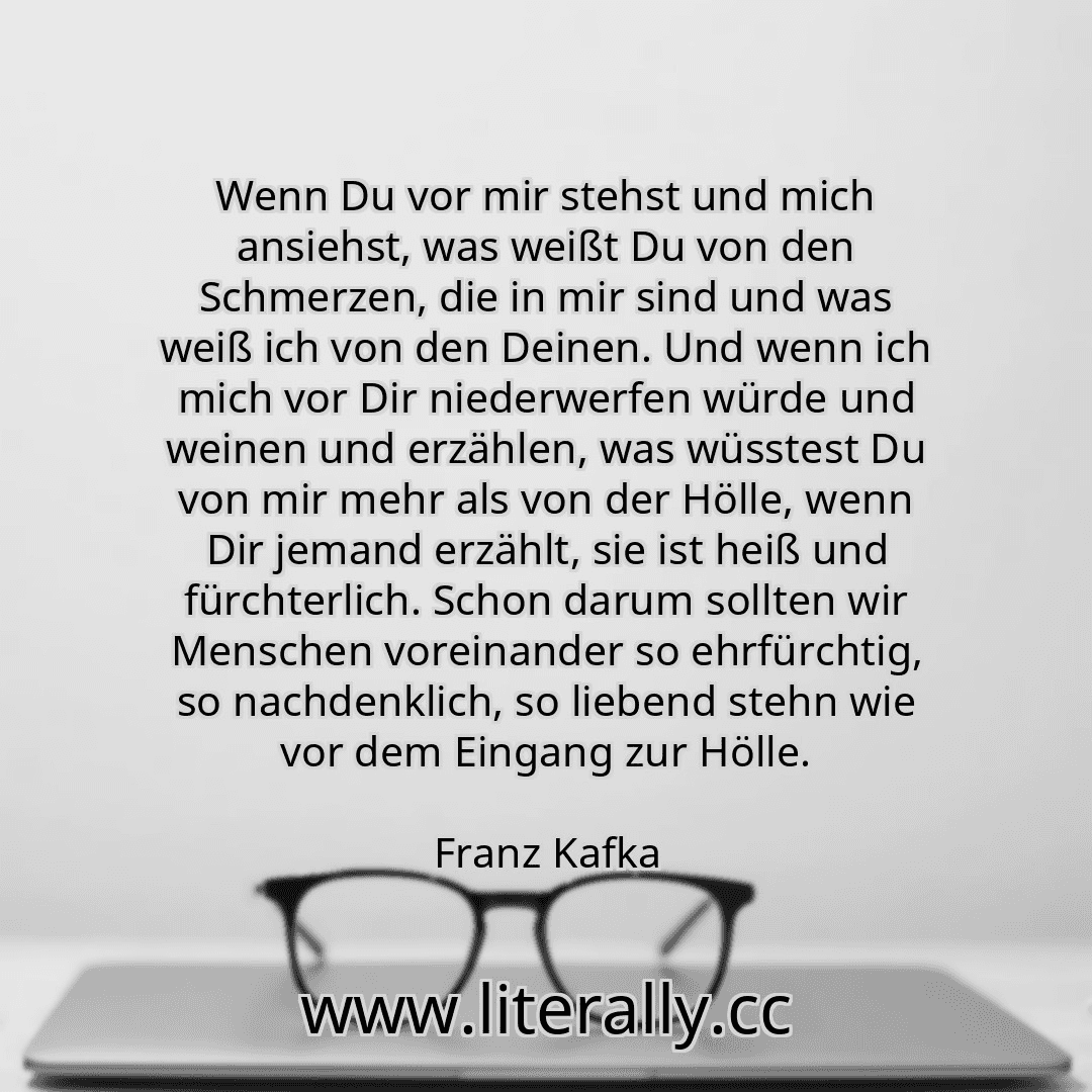 Wenn Du vor mir stehst und mich ansiehst, was weißt Du von den Schmerzen, die in mir sind und was weiß ich von den Deinen. Und wenn ich mich vor Dir niederwerfen würde und weinen und erzählen, was wüsstest Du von mir mehr als von der Hölle, wenn Dir jemand erzählt, sie ist heiß und fürchterlich. Schon darum sollten wir Menschen voreinander so ehrfürchtig, so nachdenklich, so liebend stehn wie vor ...