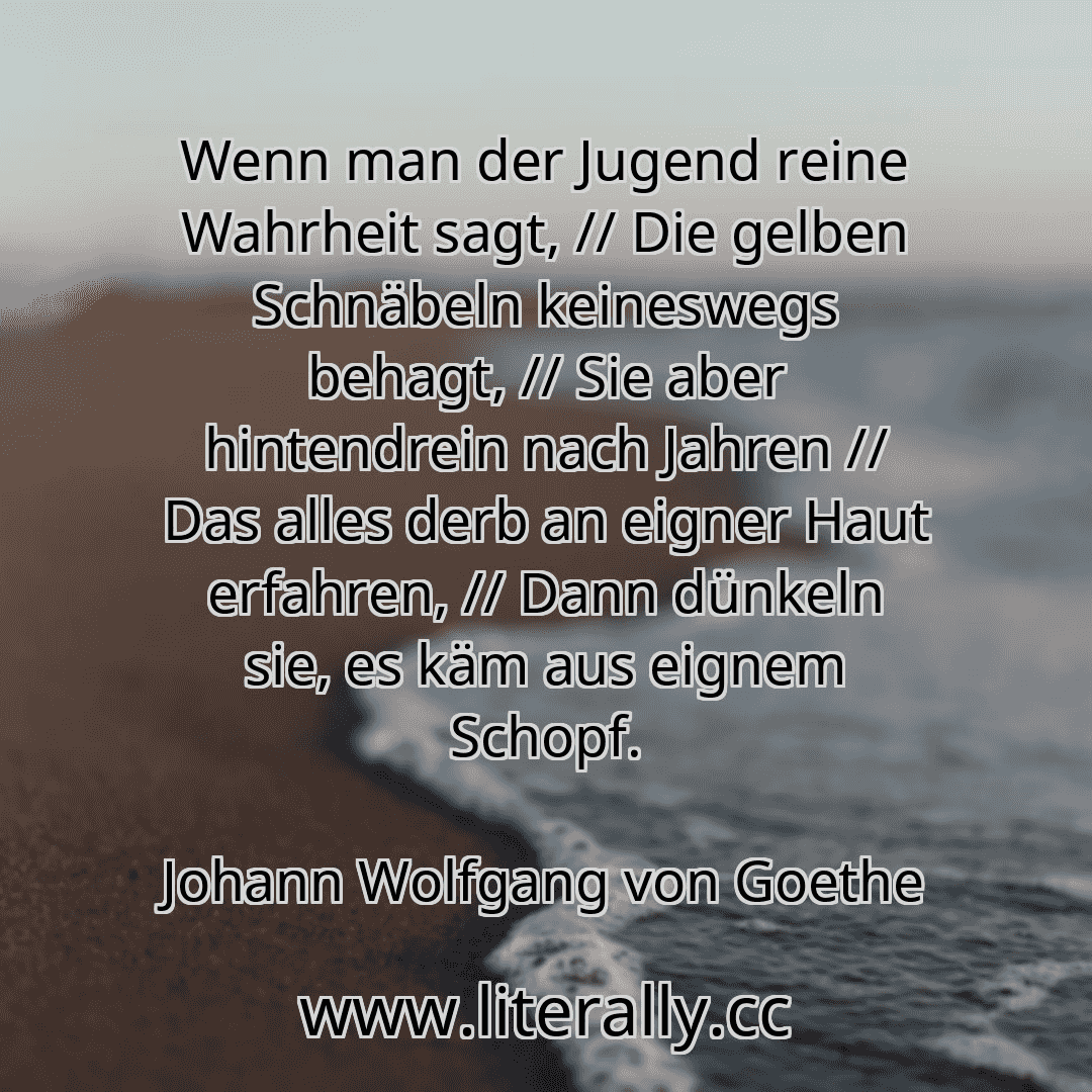 Wenn man der Jugend reine Wahrheit sagt, // Die gelben Schnäbeln keineswegs behagt, // Sie aber hintendrein nach Jahren // Das alles derb an eigner Haut erfahren, // Dann dünkeln sie, es käm aus eignem Schopf.
Johann Wolfgang von Goethe
