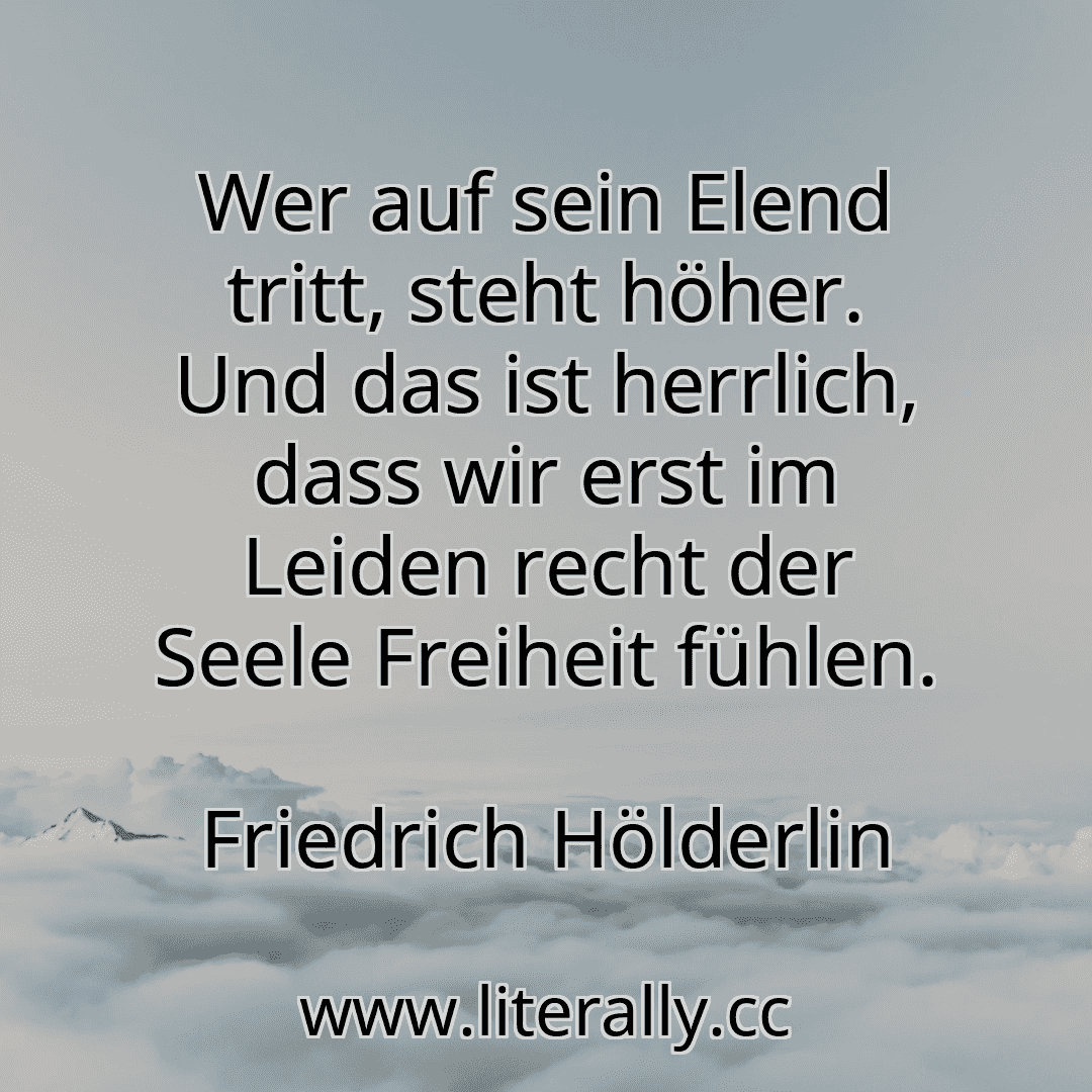 Wer auf sein Elend tritt, steht höher. Und das ist herrlich, dass wir erst im Leiden recht der Seele Freiheit fühlen.
Friedrich Hölderlin
