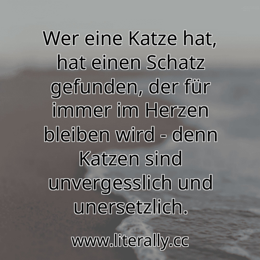 Wer eine Katze hat, hat einen Schatz gefunden, der für immer im Herzen bleiben wird - denn Katzen sind unvergesslich und unersetzlich.
