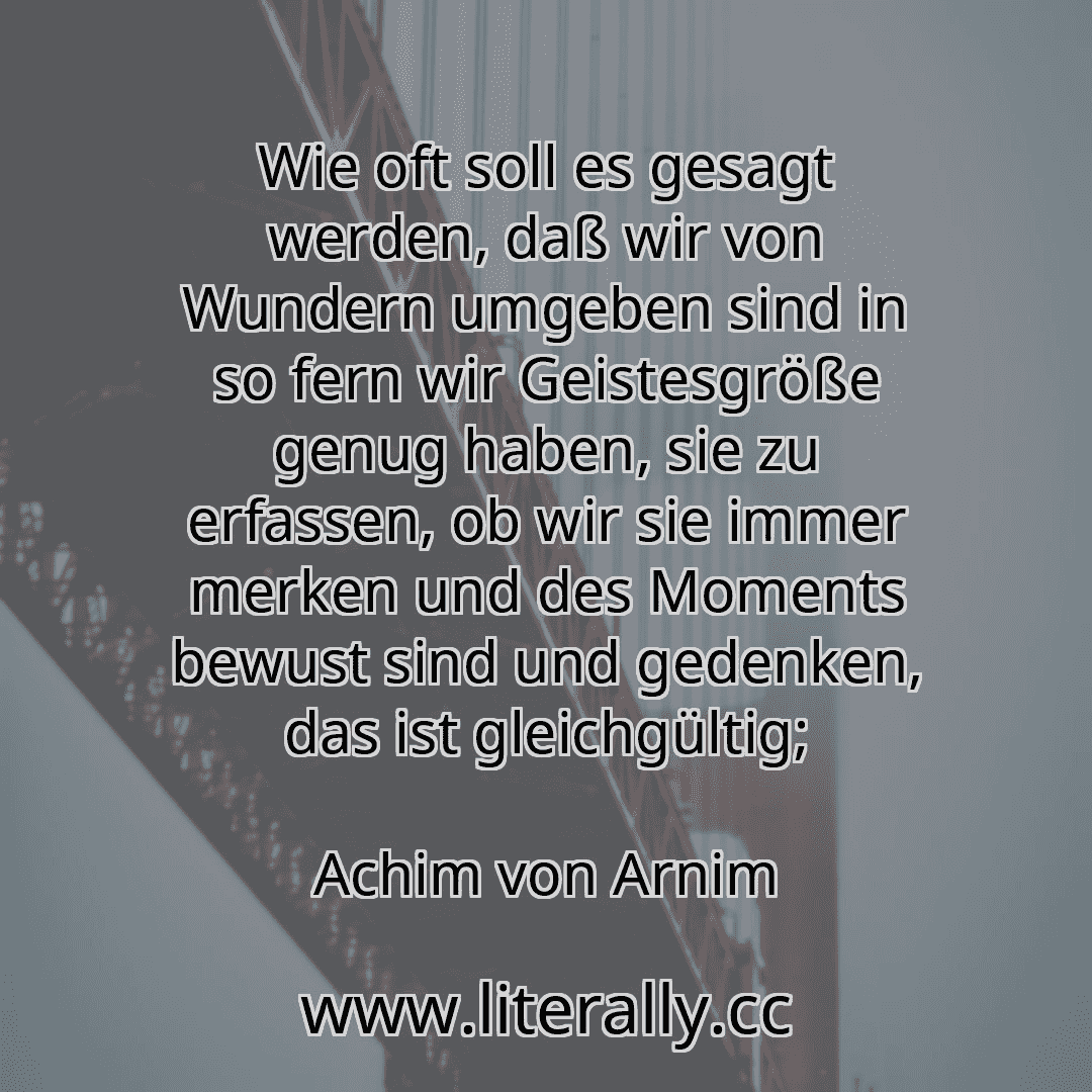 Wie oft soll es gesagt werden, daß wir von Wundern umgeben sind in so fern wir Geistesgröße genug haben, sie zu erfassen, ob wir sie immer merken und des Moments bewust sind und gedenken, das ist gleichgültig;
Achim von Arnim
