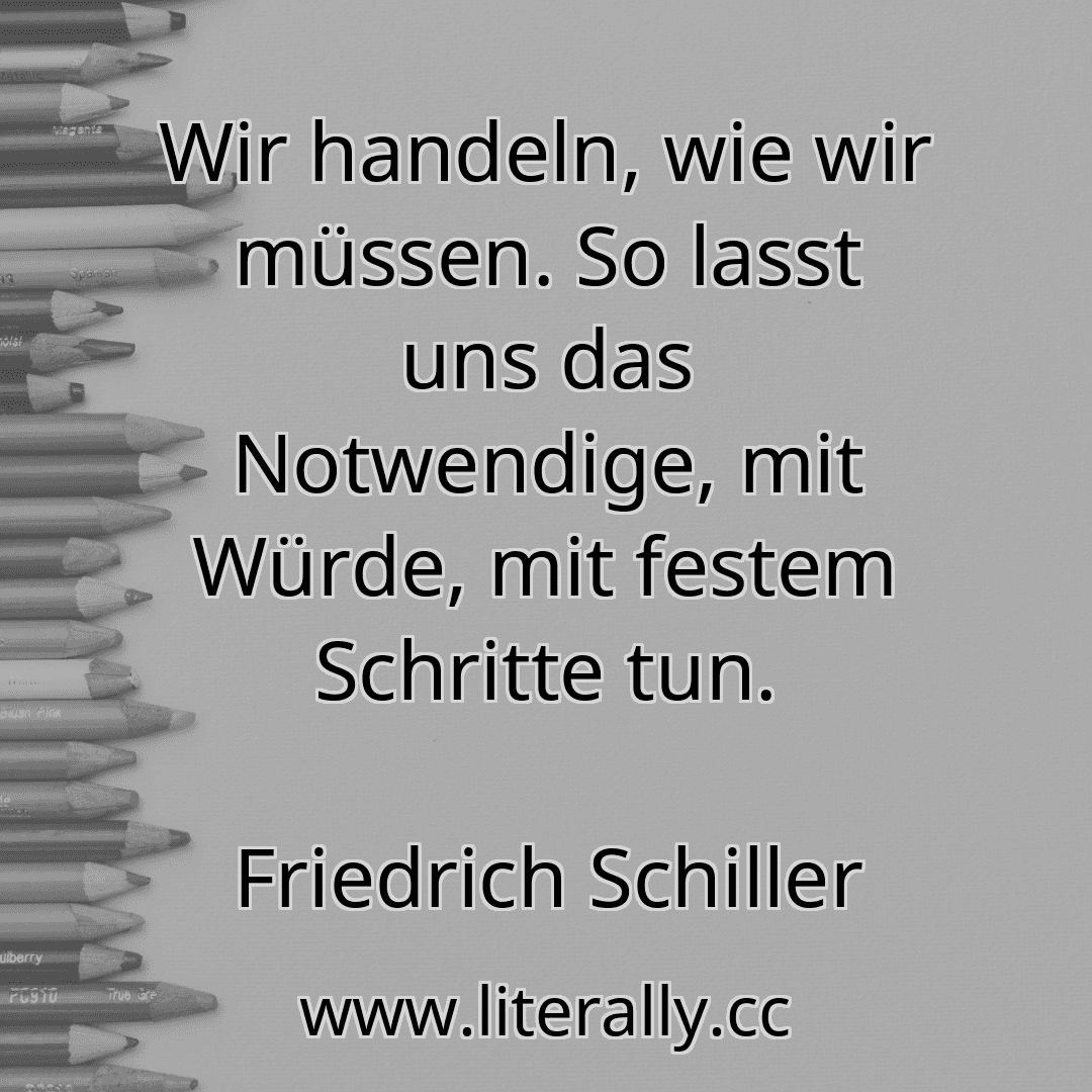Wir handeln, wie wir müssen. So lasst uns das Notwendige, mit Würde, mit festem Schritte tun.
Friedrich Schiller
