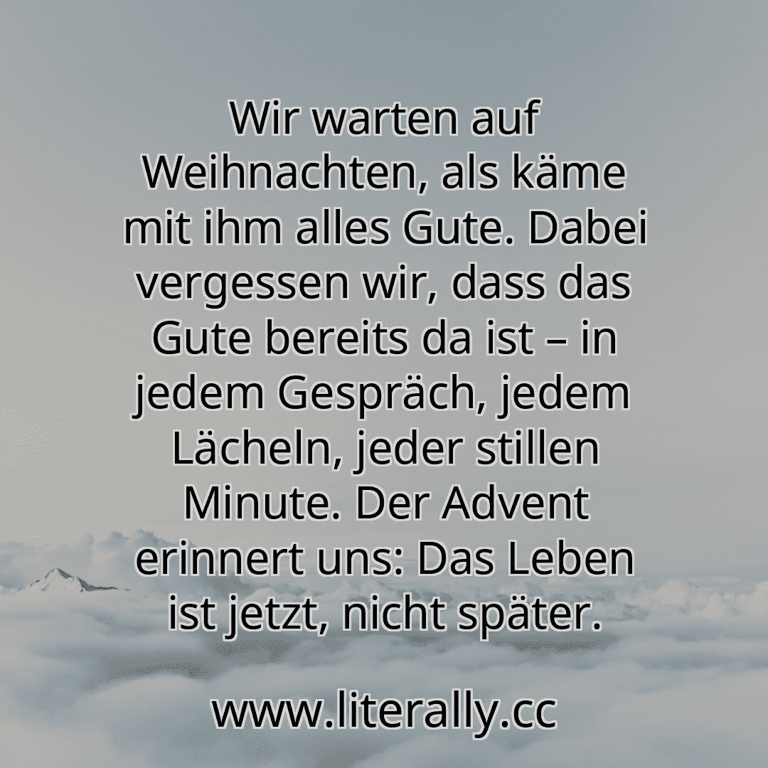 Wir warten auf Weihnachten, als käme mit ihm alles Gute. Dabei vergessen wir, dass das Gute bereits da ist – in jedem Gespräch, jedem Lächeln, jeder stillen Minute. Der Advent erinnert uns: Das Leben ist jetzt, nicht später.
