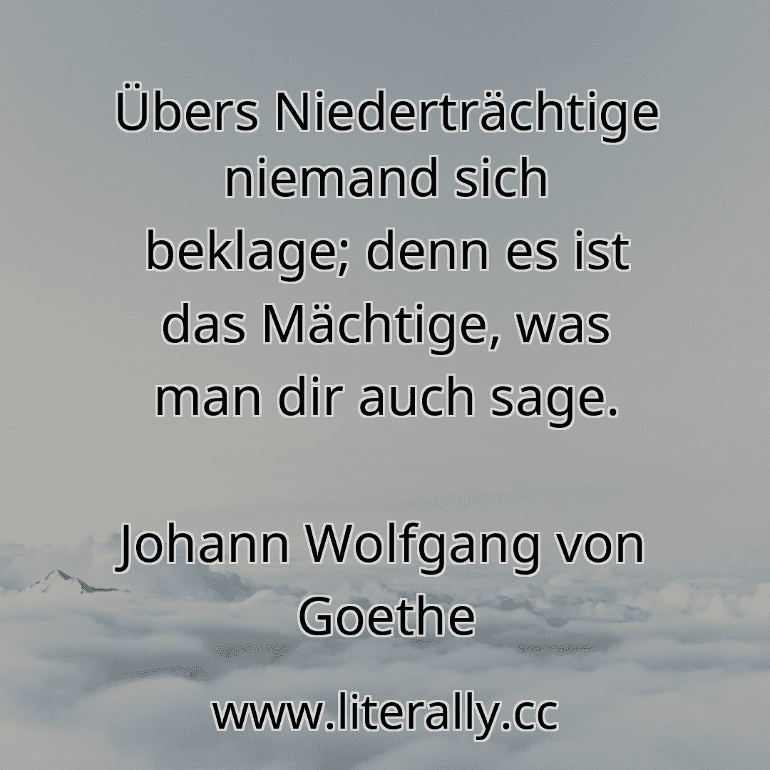 Übers Niederträchtige niemand sich beklage; denn es ist das Mächtige, was man dir auch sage.
Johann Wolfgang von Goethe
