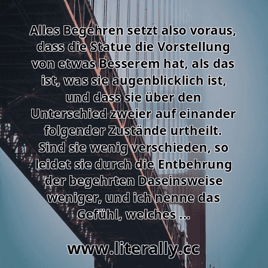 Alles Begehren setzt also voraus, dass die Statue die Vorstellung von etwas Besserem hat, als das ist, was sie augenblicklich ist, und dass sie über den Unterschied zweier auf einander folgender Zustände urtheilt. Sind sie wenig verschieden, so leidet sie durch die Entbehrung der begehrten Daseinsweise weniger, und ich nenne das Gefühl, welches ...
