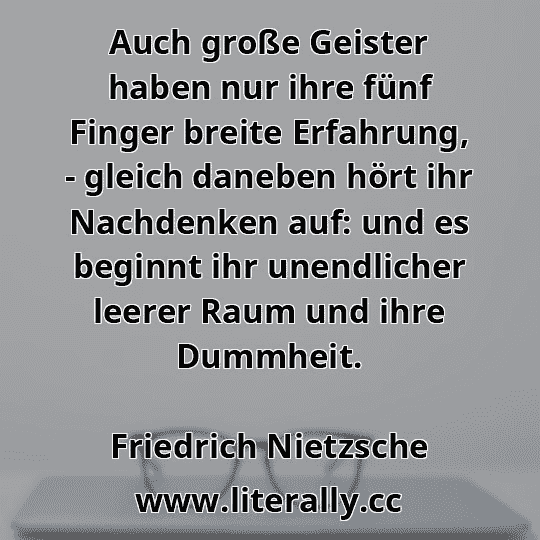 Auch große Geister haben nur ihre fünf Finger breite Erfahrung, - gleich daneben hört ihr Nachdenken auf: und es beginnt ihr unendlicher leerer Raum und ihre Dummheit.
Friedrich Nietzsche
