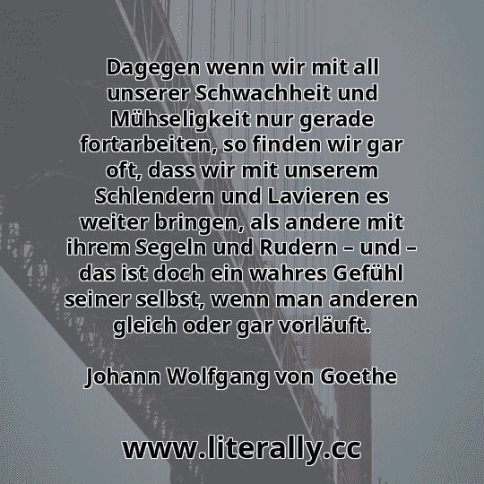 Dagegen wenn wir mit all unserer Schwachheit und Mühseligkeit nur gerade fortarbeiten, so finden wir gar oft, dass wir mit unserem Schlendern und Lavieren es weiter bringen, als andere mit ihrem Segeln und Rudern – und – das ist doch ein wahres Gefühl seiner selbst, wenn man anderen gleich oder gar vorläuft.
Johann Wolfgang von Goethe
