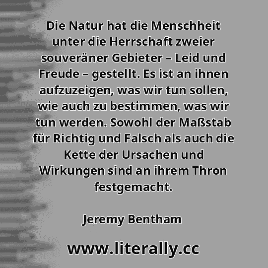 Die Natur hat die Menschheit unter die Herrschaft zweier souveräner Gebieter – Leid und Freude – gestellt. Es ist an ihnen aufzuzeigen, was wir tun sollen, wie auch zu bestimmen, was wir tun werden. Sowohl der Maßstab für Richtig und Falsch als auch die Kette der Ursachen und Wirkungen sind an ihrem Thron festgemacht.
Jeremy Bentham
