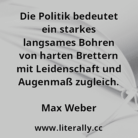 Die Politik bedeutet ein starkes langsames Bohren von harten Brettern mit Leidenschaft und Augenmaß zugleich.
Max Weber
