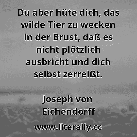 Du aber hüte dich, das wilde Tier zu wecken in der Brust, daß es nicht plötzlich ausbricht und dich selbst zerreißt.
Joseph von Eichendorff
