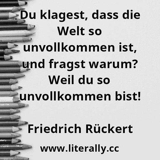 Du klagest, dass die Welt so unvollkommen ist, und fragst warum? Weil du so unvollkommen bist!
Friedrich Rückert
