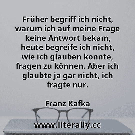 Früher begriff ich nicht, warum ich auf meine Frage keine Antwort bekam, heute begreife ich nicht, wie ich glauben konnte, fragen zu können. Aber ich glaubte ja gar nicht, ich fragte nur.
Franz Kafka
