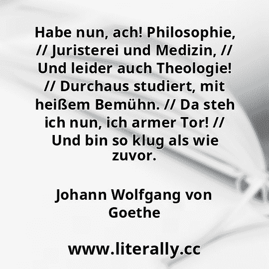 Habe nun, ach! Philosophie, // Juristerei und Medizin, // Und leider auch Theologie! // Durchaus studiert, mit heißem Bemühn. // Da steh ich nun, ich armer Tor! // Und bin so klug als wie zuvor.
Johann Wolfgang von Goethe
